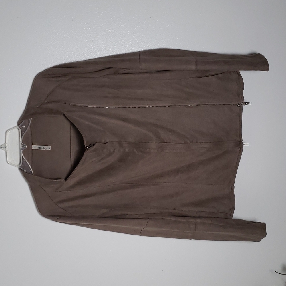 Milla faux suede double zip moto jacket, taupe, layering piece. Women size large